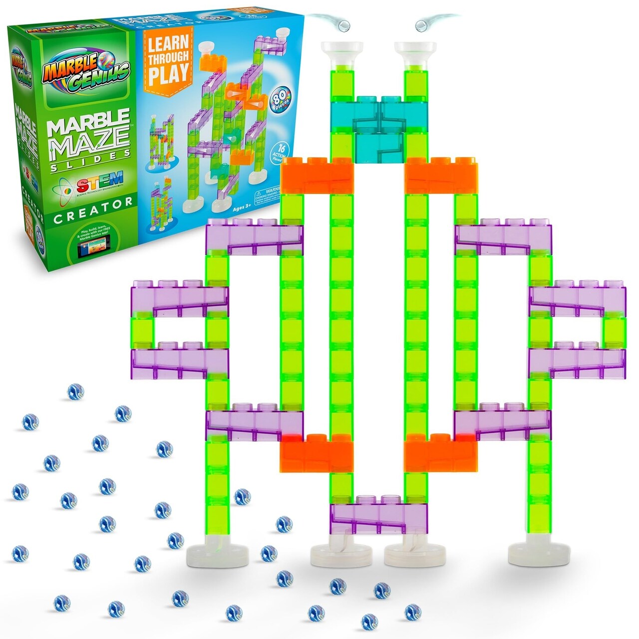 Marble Genius Marble Maze Slides STEM Creator Set: 80 Pieces, and 16 Action Pieces, with Instruction App Access - Marble Run for Kids - Build, Race, and Discover Tracks with This Marble Game Set